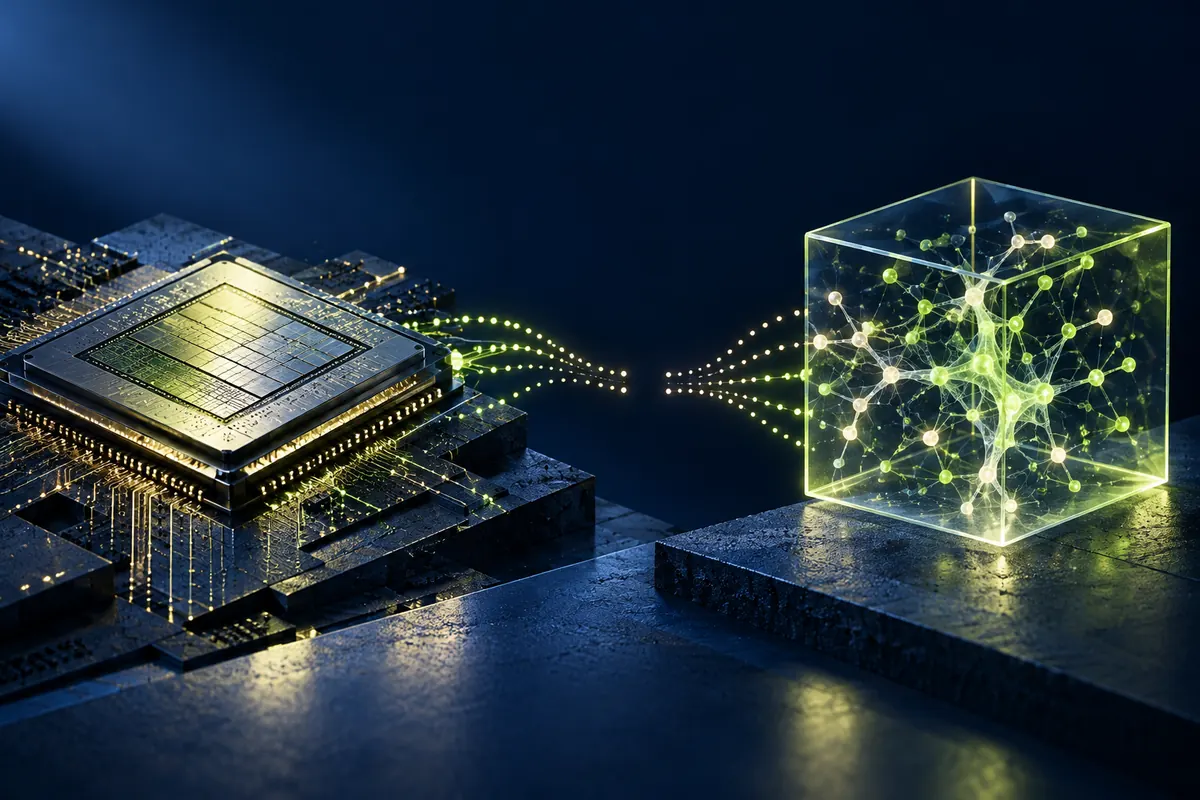 Illustration of a silicon chip and an open neural-network cube separated by a gap