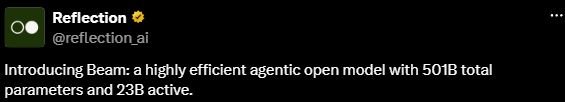 Authentic cropped excerpt from Reflection’s X announcement introducing Beam and its parameter counts