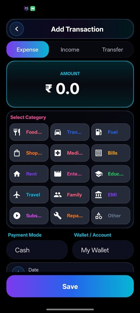 Add transaction screen with expense categories
