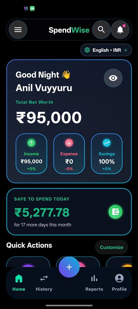 SpendWise home dashboard with net worth, income, expense and savings