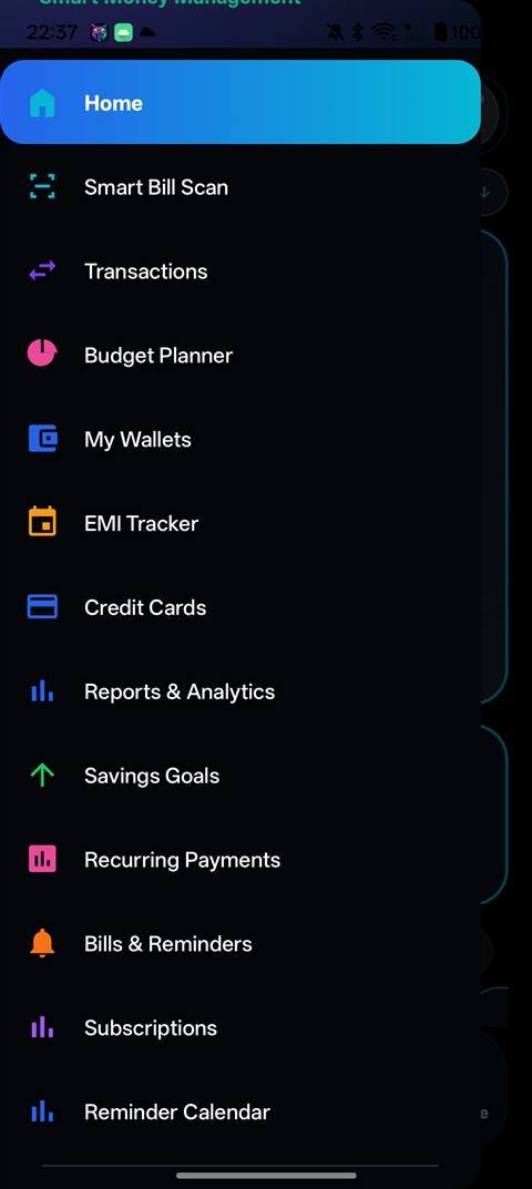SpendWise full menu — budgets, wallets, goals, reminders