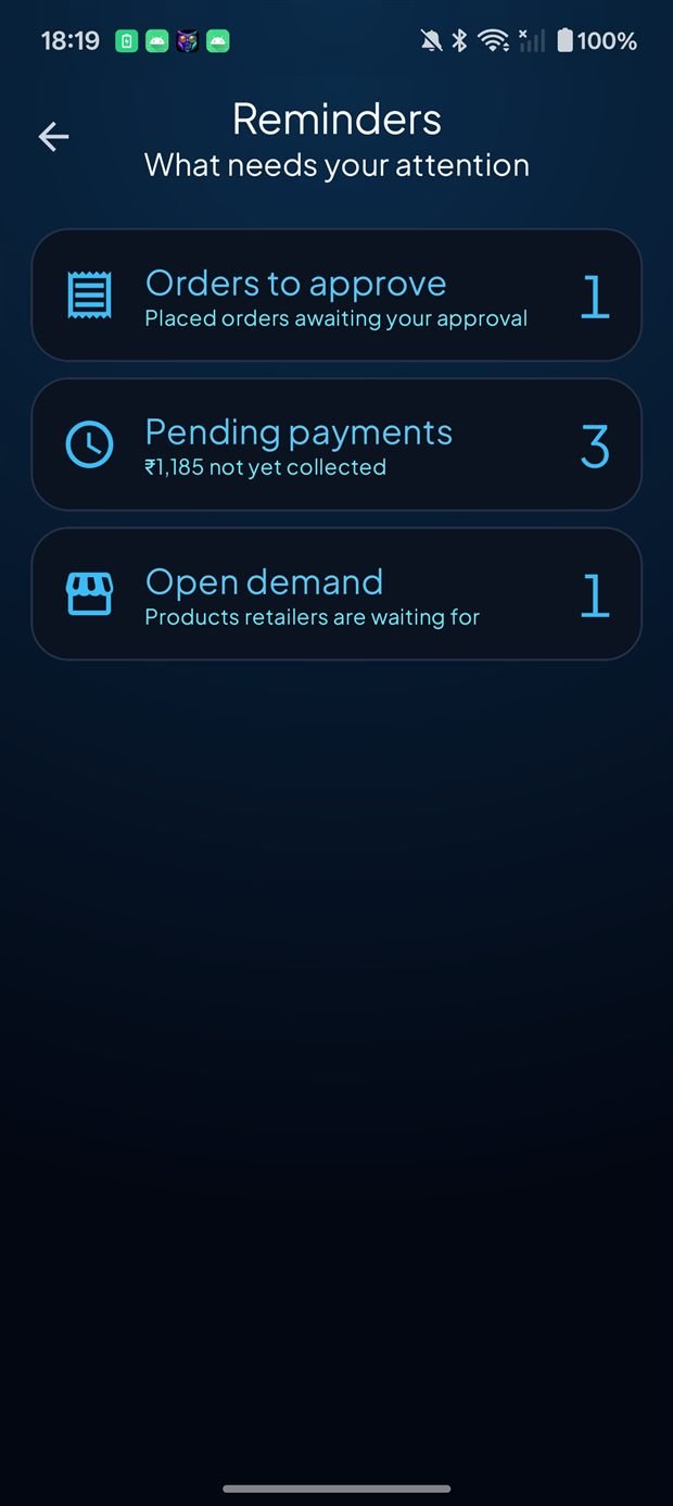 Reminders — orders to approve, pending payments, open demand