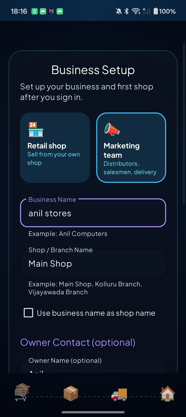Business setup — choose Marketing team