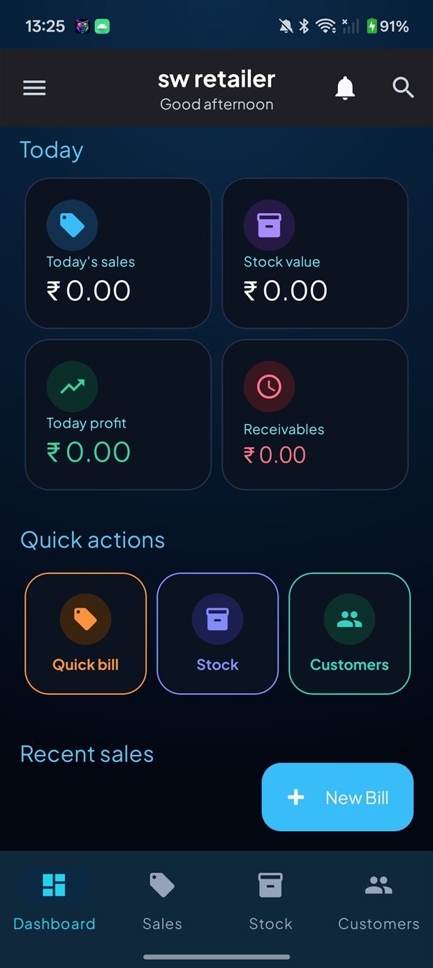 StockWise retail dashboard — today's sales, stock value, profit and receivables