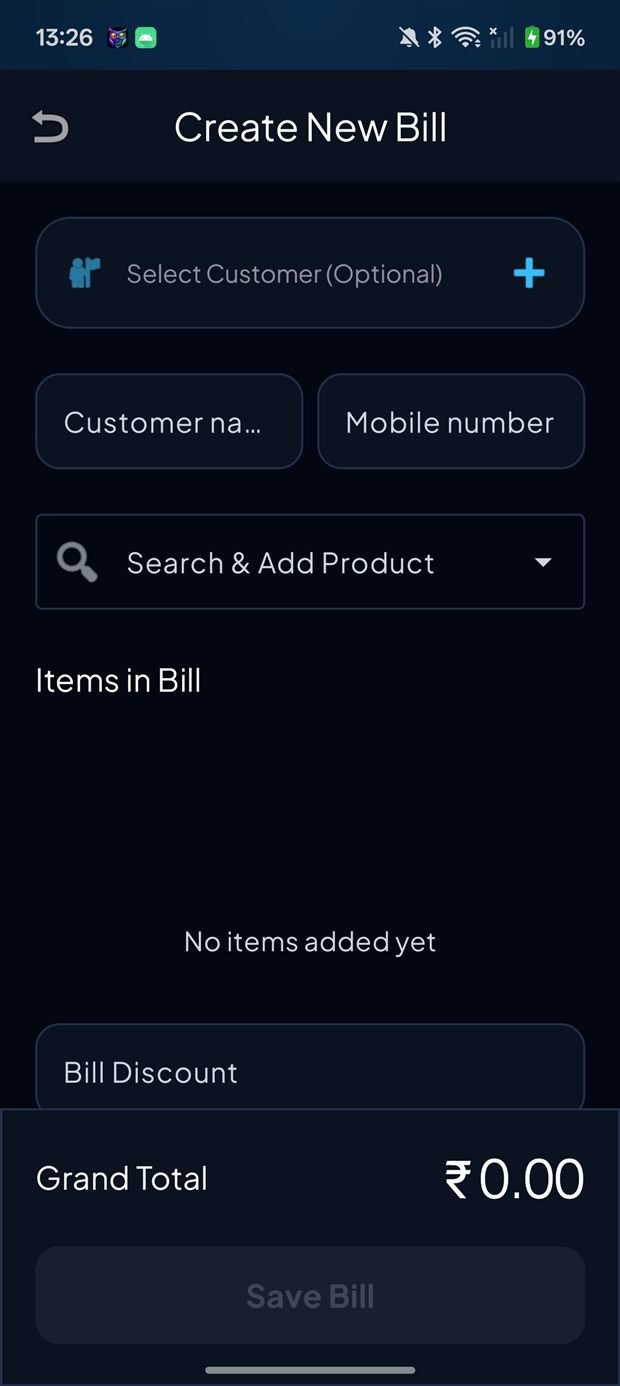 Create a new bill — pick customer, search and add products