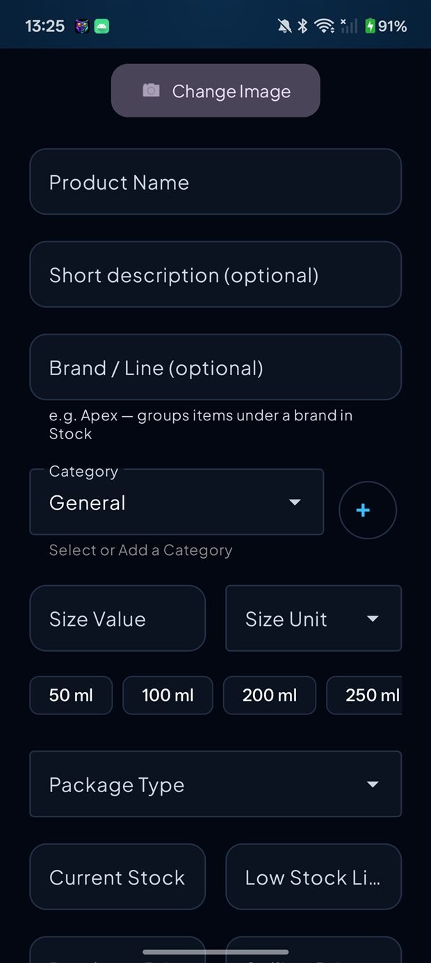Add product — brand, category, size, package type and low-stock limit