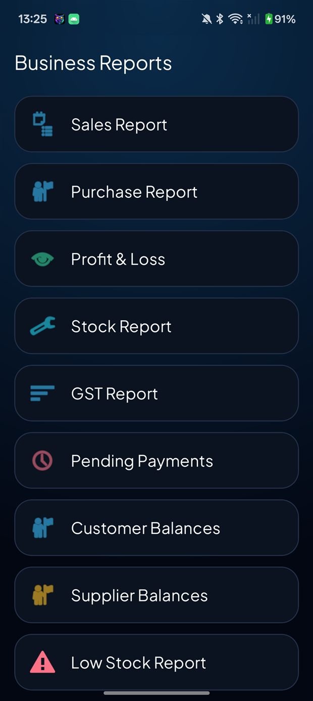 Business reports — sales, purchase, P&L, GST, balances, low stock
