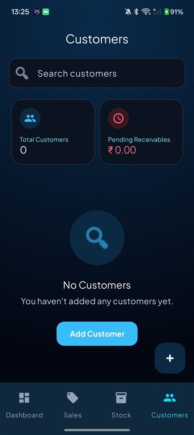 Customers screen with pending receivables